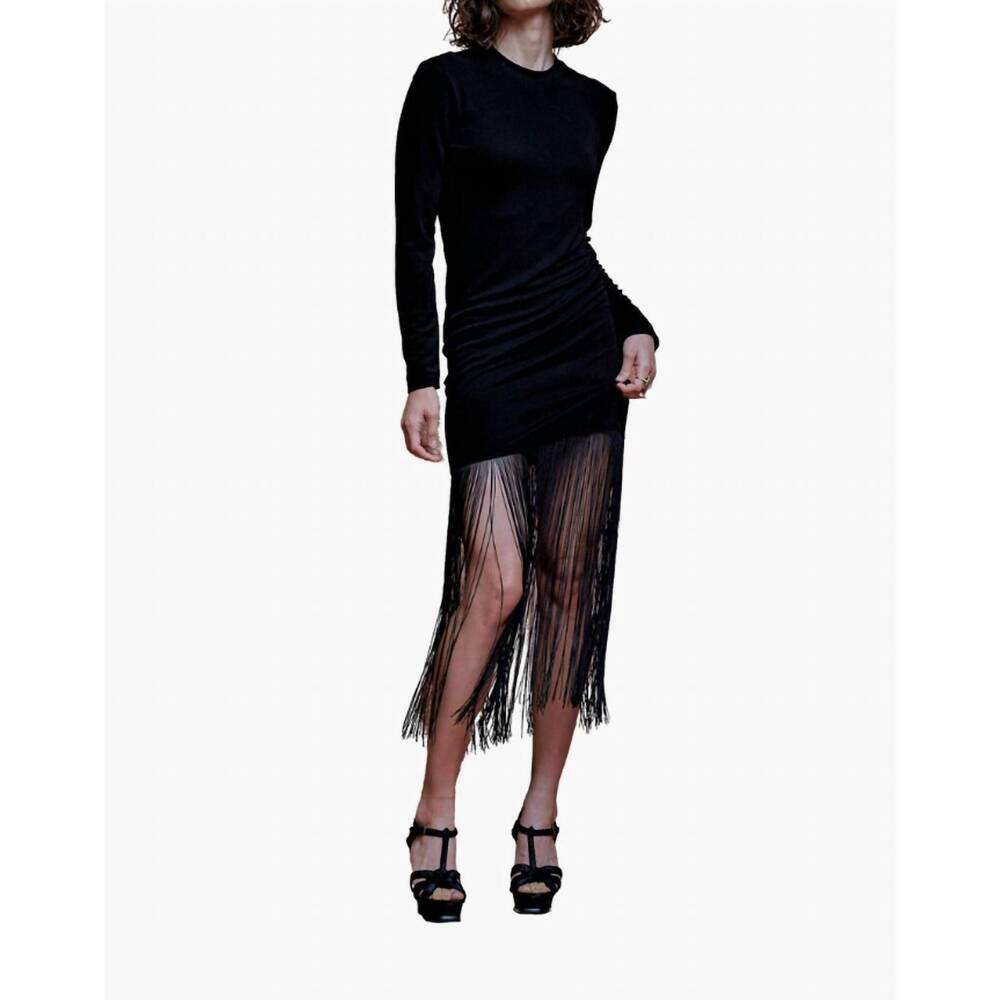 NEW SECULAR loretta long sleeve fringed hem dress in black